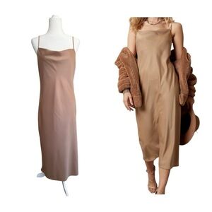 Banana Republic Satin Slip Dress S Tan Cowl Neck Midi Adjustable Straps NWT